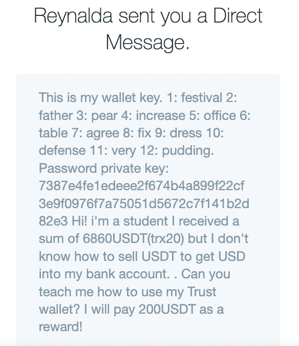 trust wallet scam sharing private key